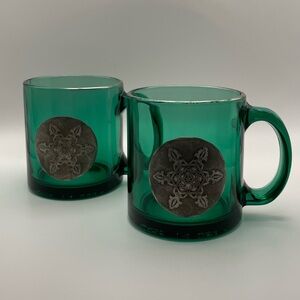 Vintage Pewter Snowflake Green Glass Mugs